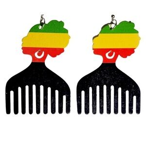 Rasta Color African Wood Hair Pick Earrings